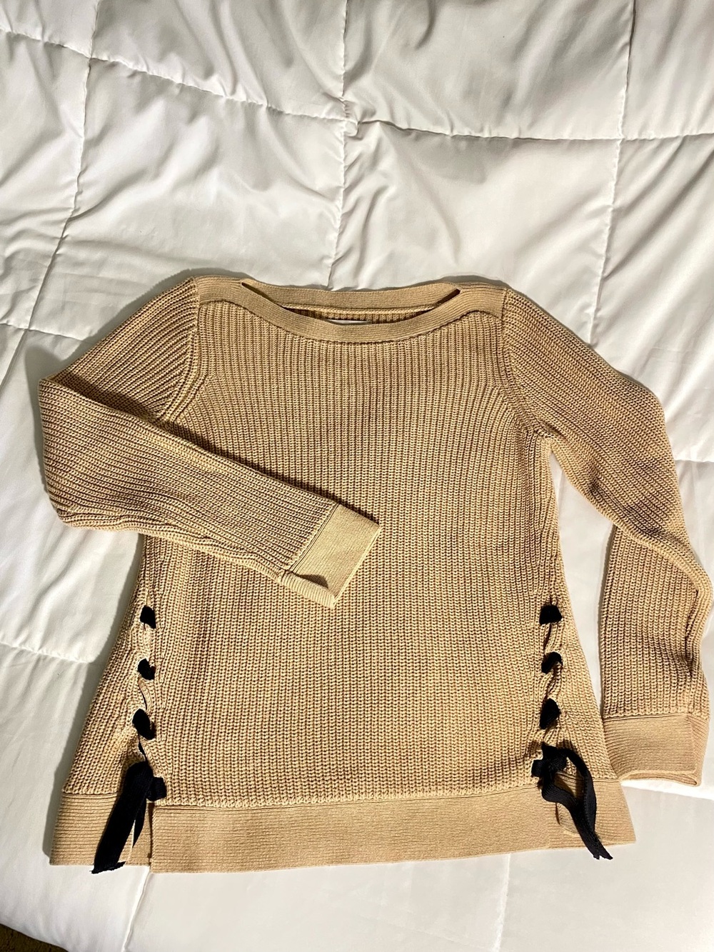 LOFT 100% Cotton Boat-Neck Tan Knit Sweater with Laced Sides Size Medium